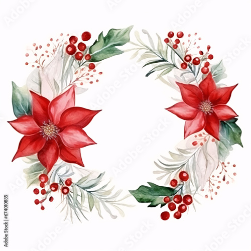 Christmas floral frame. Watercolor border for holiday greeting card and invitation with Poinsettia, fir branches, holly berries, coins