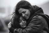 Refugee mother woman gently embraces her daughter. Poor homeless people, happy with together