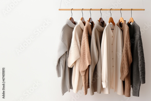 Women's clothes capsule wardrobe in pastel colors. Knitted jumpers and cardigans for spring autumn season on hanger in store against light wall with copy space