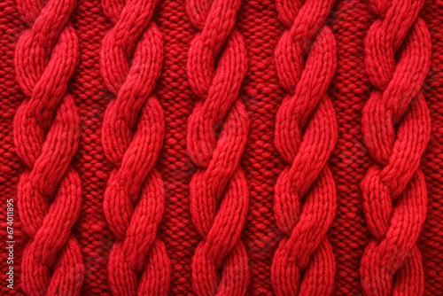 Textile background for design with close-up view of soft, knitted texture in warm wool, showcasing an intricate pattern with red braids, copy space