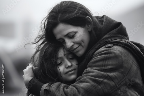 Refugee mother woman gently embraces her daughter. Poor homeless people, happy with together photo