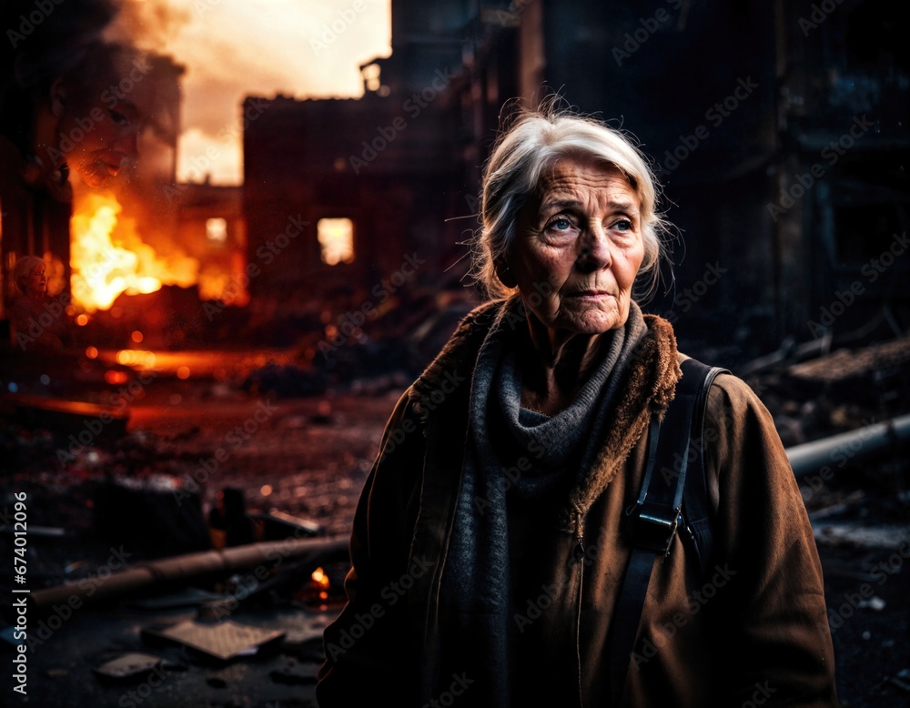 Naklejka premium sad elderly woman among destroyed housing