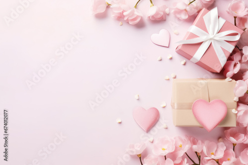 Composition in shades of soft pink for Valentine's Day, tied with ribbon gift box surrounded by blooming flowers, small hearts flat lay background with copy space © Balica