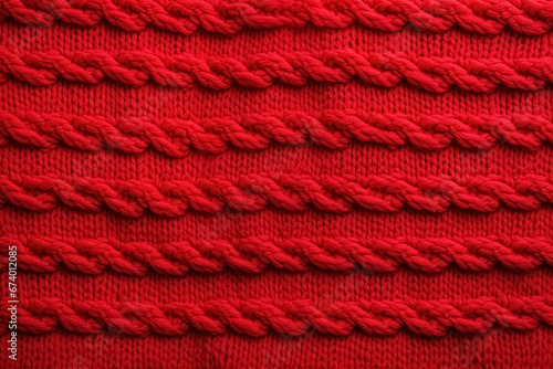 Textile background for design with close-up view of soft, knitted texture in warm wool, showcasing an intricate pattern with red horizontal braids, copy space