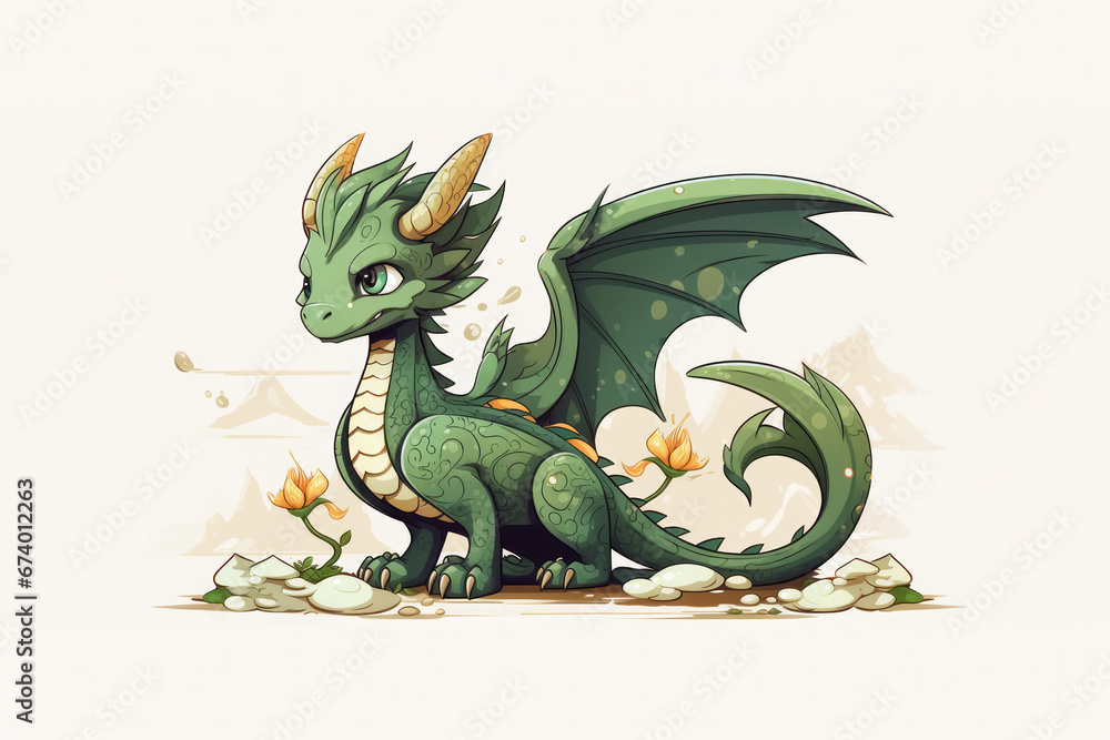 Cute green dragon with wings in cartoon style on clear empty white background Cute green dragon with wings in cartoon style on clear empty white background