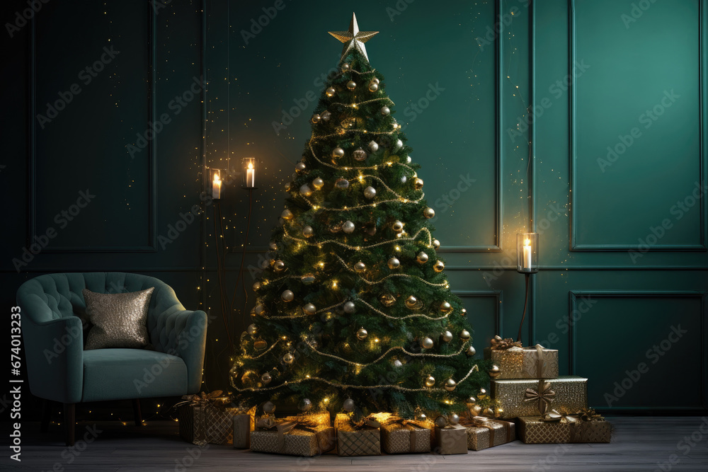 Fototapeta premium Modern cozy armchair and christmas tree decorated with golden balls, garlands and star on green wall background. Many gift boxes with ribbons on wooden floor, new year's home decor