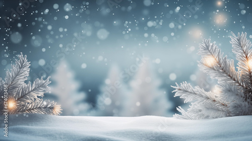Beautiful winter background with spruce branches and small drifts of pure winter snowflakes and christmas light © PrettyStock