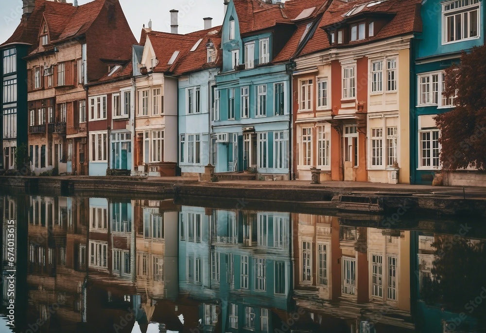 Colorful row of homes on a lake Reflection of houses in the water Old buildings in Europe Architect
