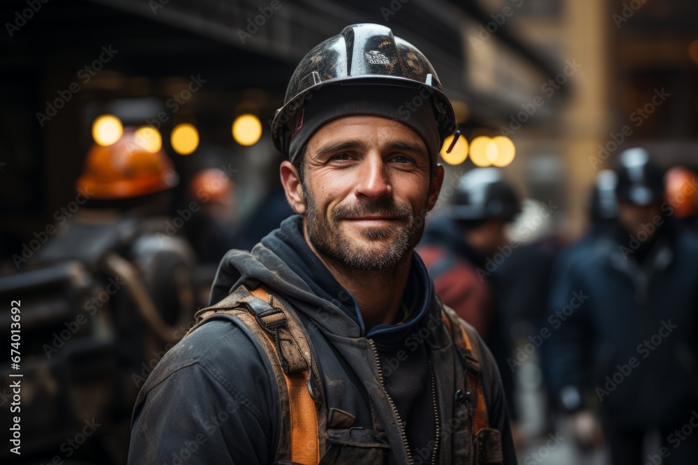 A male construction worker in special work clothes and a protective helmet looks at the camera and smiles A male construction worker in special work clothes and a protective helmet looks at the camera and smiles