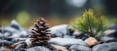 A compact stone supporting a tiny cone from a pine tree