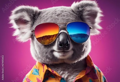Cute gray fluffy koala in sunglasses and colorful shirt against bright gradient background © ArtisticLens