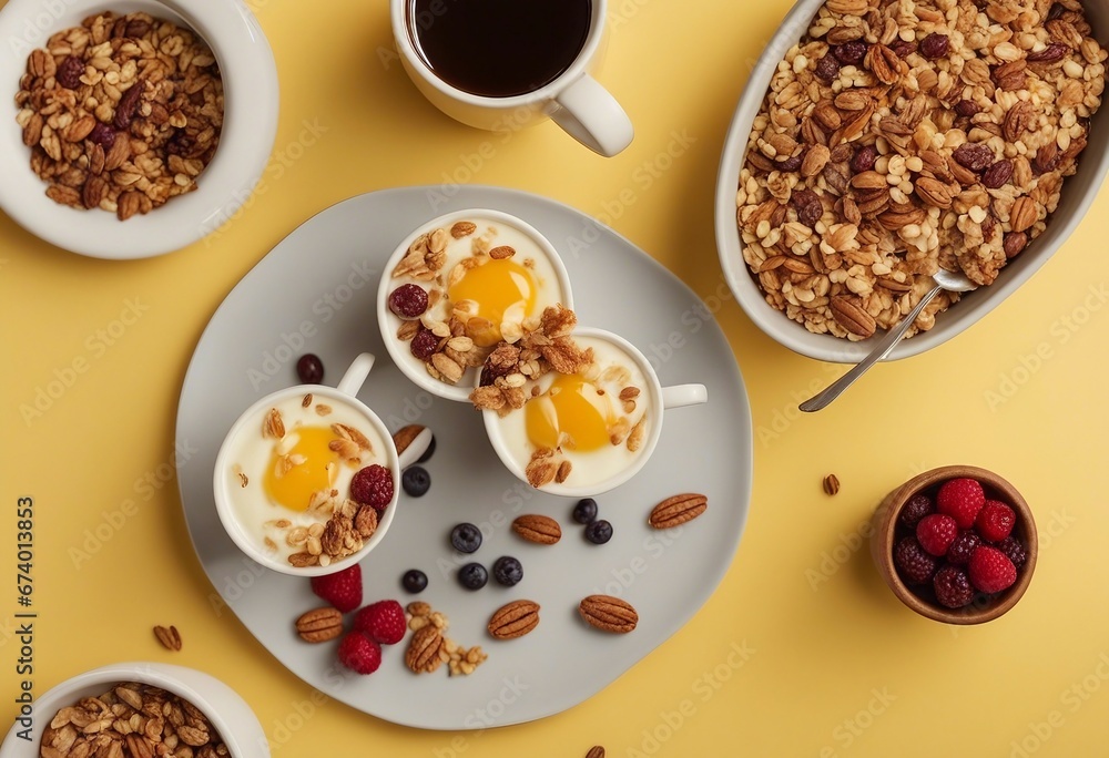 Healthy breakfast set with coffee and granola Overhead view copy space yellow background Healthy breakfast set with coffee and granola Overhead view copy space yellow background