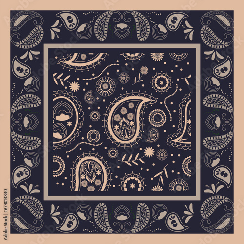 Dark bandana scarf paisley fabric patchwork abstract vector seamless pattern.