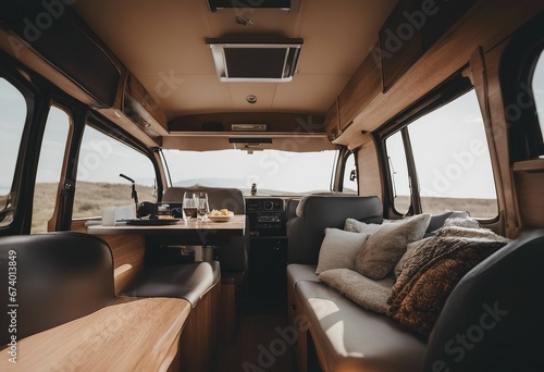 Interior of camper van with beautiful camper van view