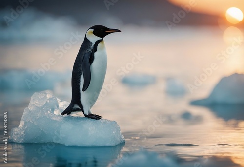 Penguin on small piece of ice ocean lonely Global warming concept