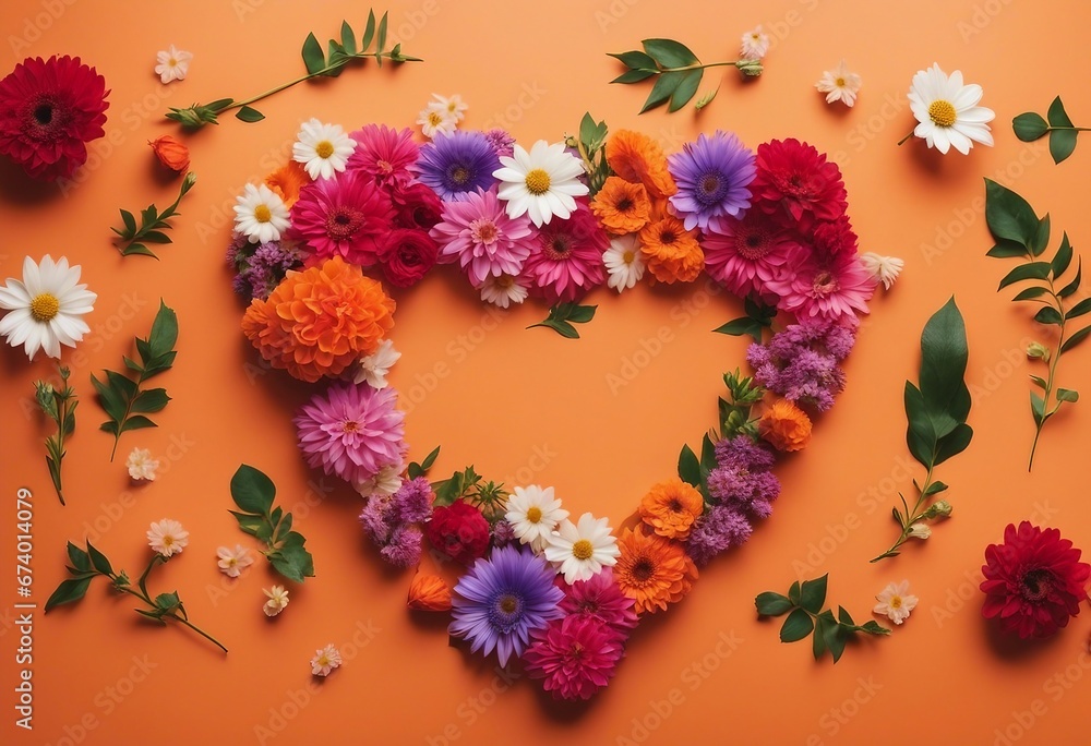 Top view arrangement of colorful flowers with heart shape placed on orange background