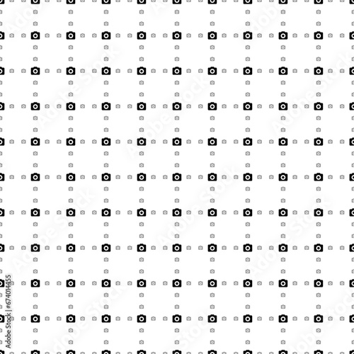 Square seamless background pattern from geometric shapes are different sizes and opacity. The pattern is evenly filled with small black photo camera symbols. Vector illustration on white background