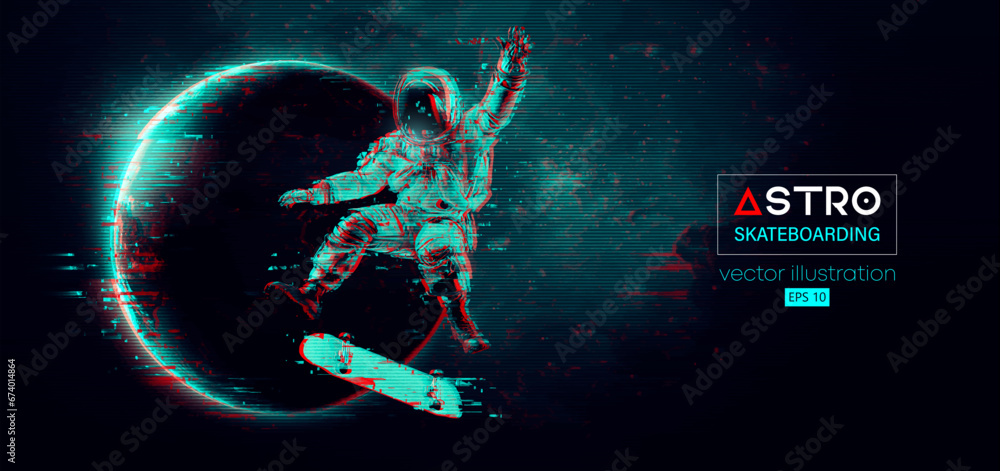 Abstract silhouette of a skateboarder astronaut in space action and Earth, Mars, planets on the background of the space.. The skateboarder man is doing a trick. Vector 3d render illustration