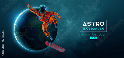 Abstract silhouette of a skateboarder astronaut in space action and Earth, Mars, planets on the background of the space.. The skateboarder man is doing a trick. Vector 3d render illustration