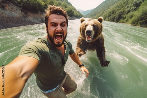 Man running away from scary bear across the river
