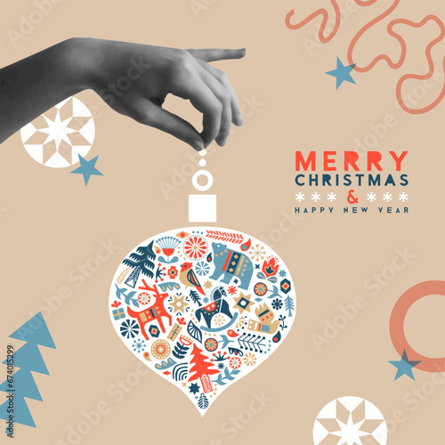 Christmas New Year retro folk icon bauble card