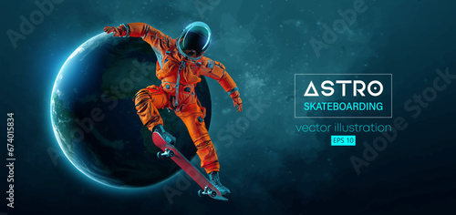Abstract silhouette of a skateboarder astronaut in space action and Earth, Mars, planets on the background of the space.. The skateboarder man is doing a trick. Vector 3d render illustration
