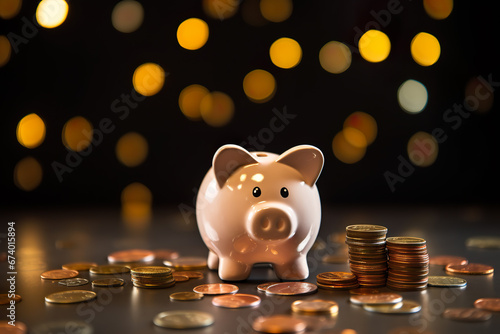 piggy bank with coins on top of black background