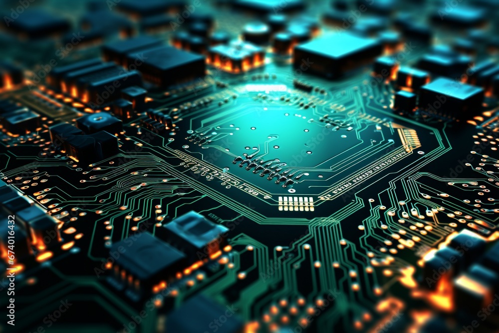 An up-close image of a computer's printed circuit board, revealing a multitude of parts and a central processor. Created with generative AI tools An up-close image of a computer's printed circuit board, revealing a multitude of parts and a central processor. Created with generative AI tools