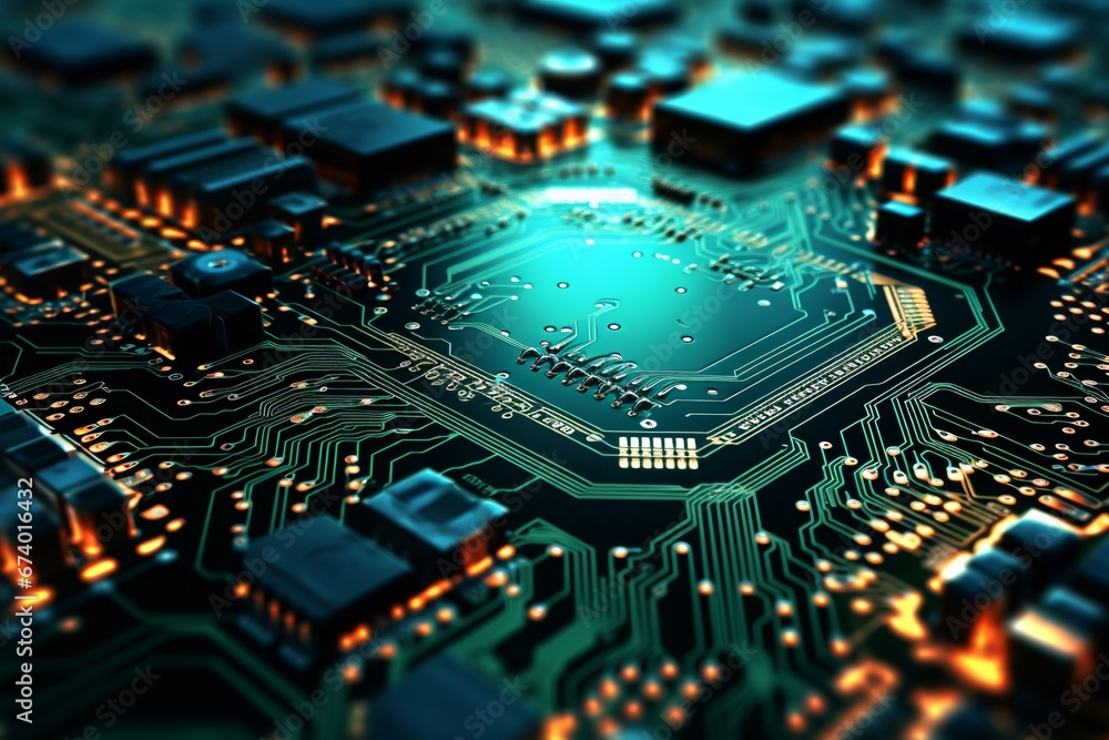 An up-close image of a computer's printed circuit board, revealing a multitude of parts and a central processor. Created with generative AI tools