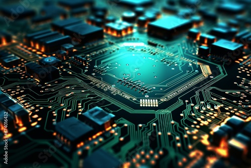 An up-close image of a computer's printed circuit board, revealing a multitude of parts and a central processor. Created with generative AI tools