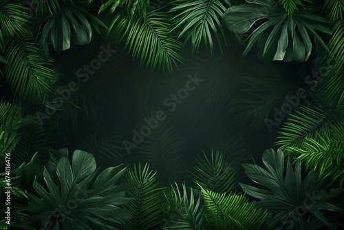 Fresh green jungle palm leaves forming a natural frame set against a verdant backdrop. Created with generative AI tools