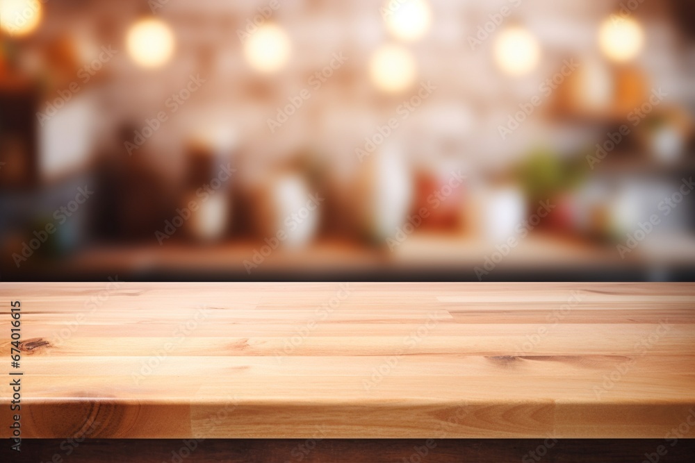 A wood table surface set against a softly blurred kitchen background, perfect for showcasing products or designing layouts. Created with generative AI tools A wood table surface set against a softly blurred kitchen background, perfect for showcasing products or designing layouts. Created with generative AI tools