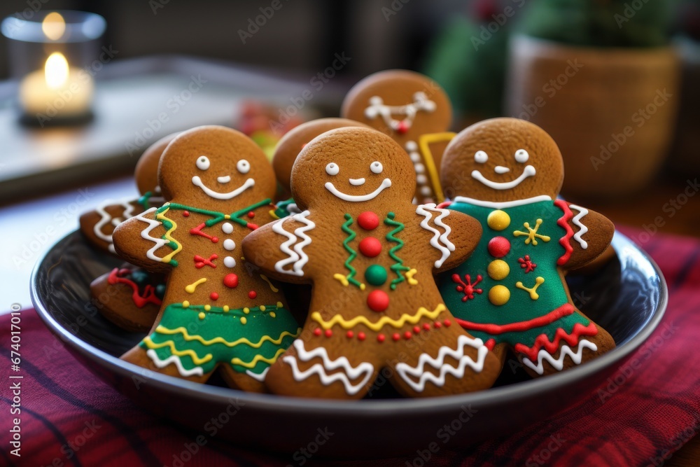 A festive arrangement of gingerbread men cookies, each adorned with intricate icing decorations, including smiles, buttons, and colorful scarves.