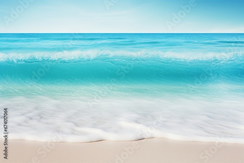 A abstract representation of a sunlit beach with turquoise waters—a background concept for a dreamy seaside resort, offering room for text or product presentation. Created with generative AI tools