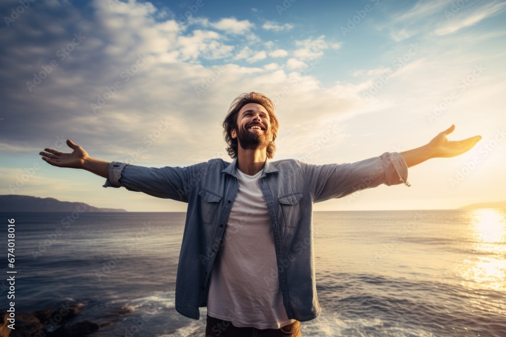 Carefree man with arms outstretched standing near the sea. AI generative Carefree man with arms outstretched standing near the sea. AI generative