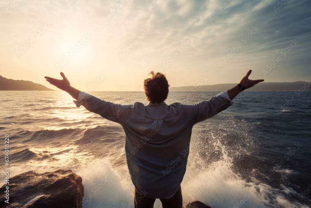Carefree man with arms outstretched standing near the sea, back view. AI generative Carefree man with arms outstretched standing near the sea, back view. AI generative