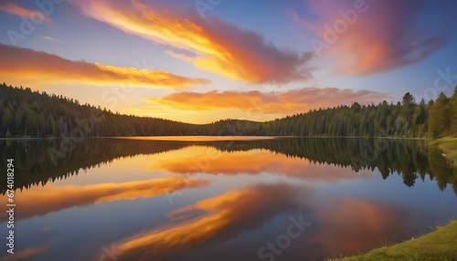 a picture of a cheerful lake at dusk with rainbow-hued reflections shimmering in the water © Lucas