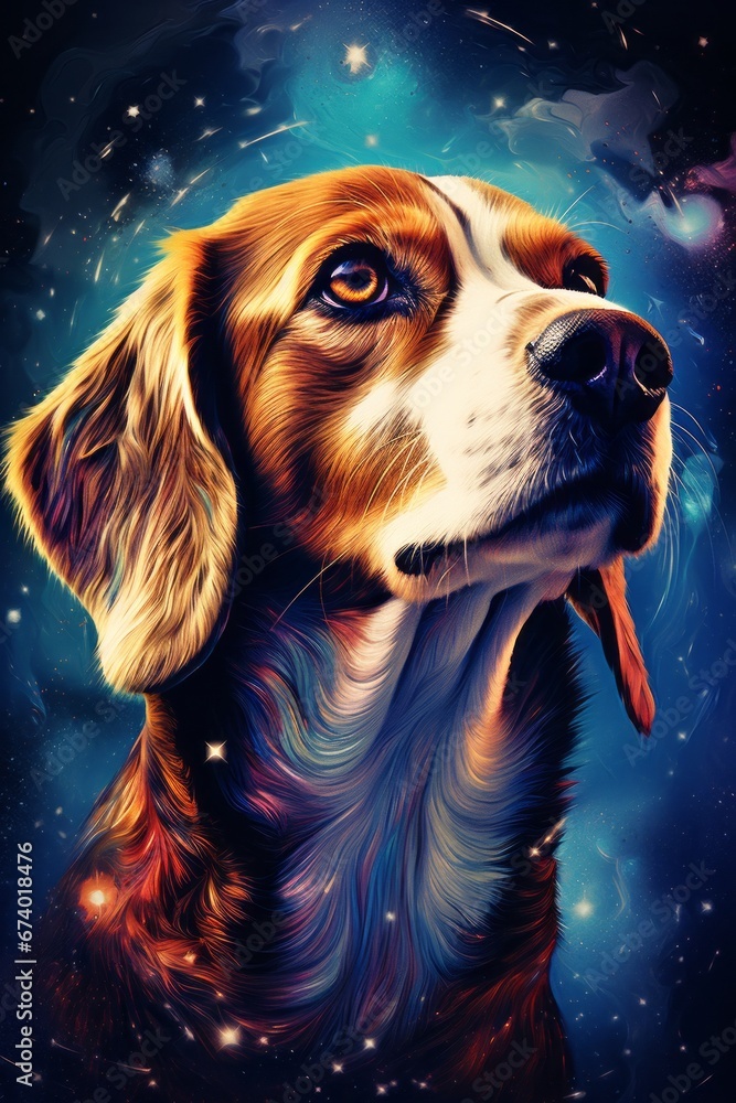 A surreal portrait of a Beagle with its eyes replaced by swirling galaxies, conveying a sense of cosmic wonder within the dog's soul.