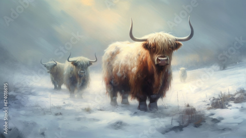 Highland cow on a pasture  snowy winter landscape. Digital painting.