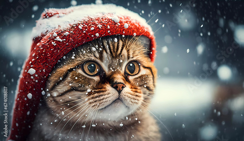 a cat wearing a santa hat in the snow with snow falling around it's head and eyes