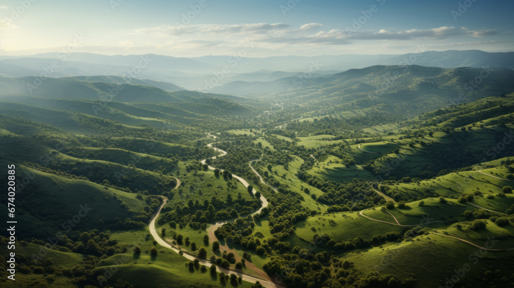 An aerial shot of a picturesque countryside with rolling hills and winding roads