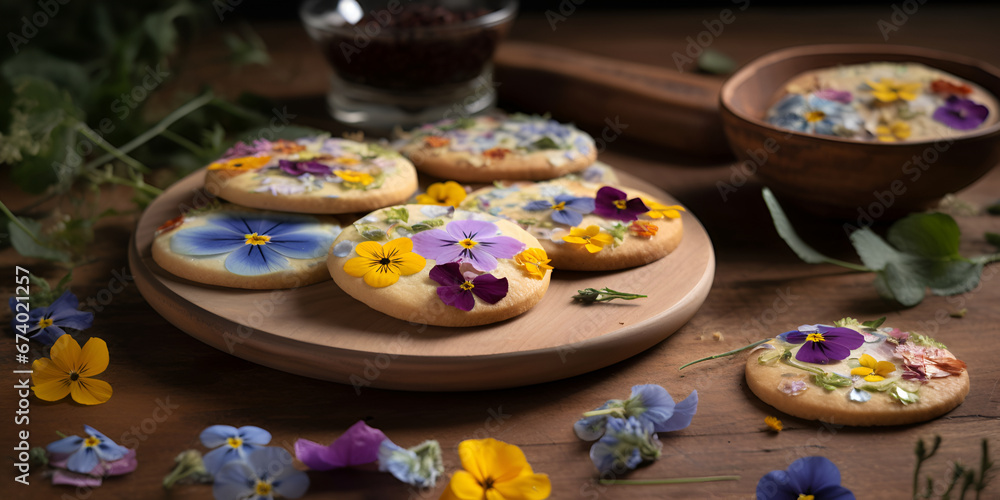 Almond floral cookies with violets edible flowers on wooden table