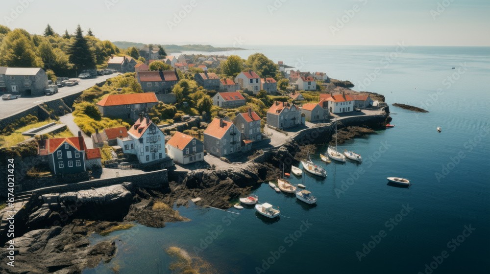 An aerial shot of a picturesque coastal town with colorful homes and boats in the harbor