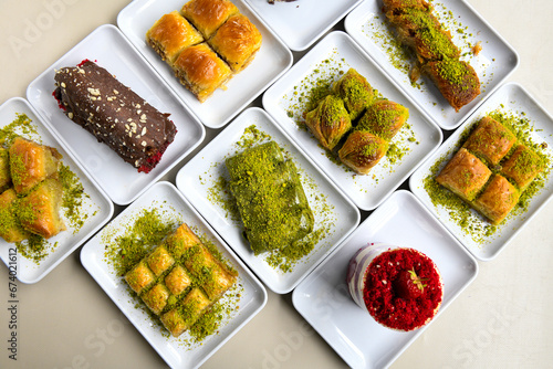 Table scene of assorted take out or delivery foods. Traditional Turkish cuisine. Various Turkish meal and appetizers. Top down view on a table.