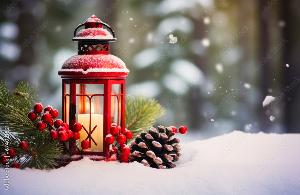 Red Christmas Lantern on Snow With Christmas Tree Pine Cones, Berries and Fir Branch in the Forest, Copy Space Red Christmas Lantern on Snow With Christmas Tree Pine Cones, Berries and Fir Branch in the Forest, Copy Space