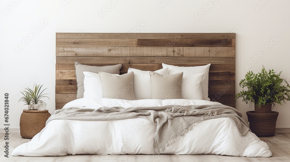 very elegant bed with rustic wooden backrest very elegant bed with rustic wooden backrest