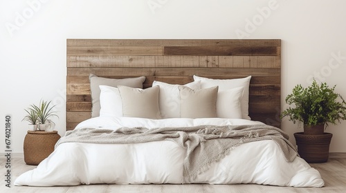 very elegant bed with rustic wooden backrest photo