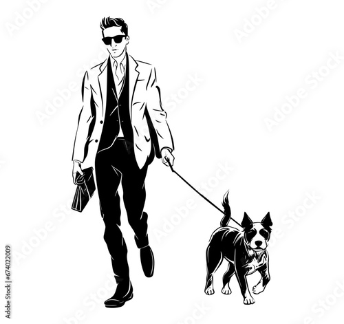 Owner keeps the dog on leash vector silhouette illustration.