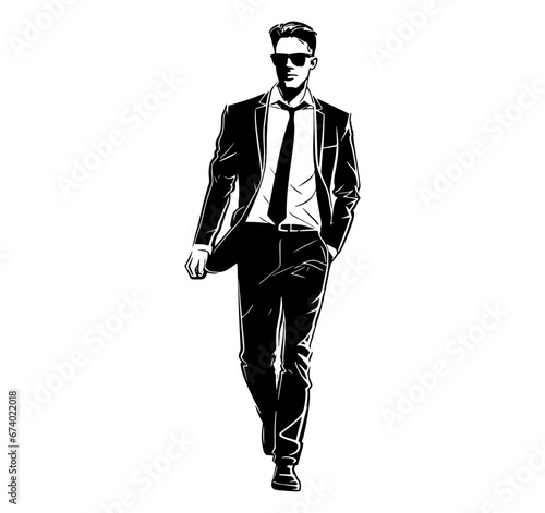 Business man in suit working, front view, isolated vector silhouette
