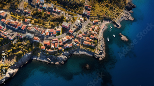 An aerial shot of a serene coastal town with colorful homes and boats in the harbor